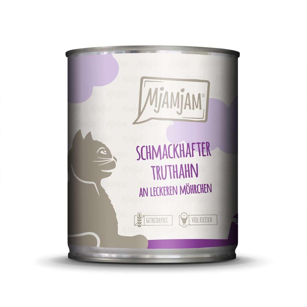 MjAMjAM - premium wet food for cats - tasty turkey with delicious carrots, pack of 6 (6 x 800 g), grain-free with extra meat
