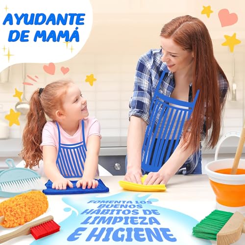 WEAGP Juego de Limpieza para Niños, 6 Piezas Set de Limpieza para Niñas Desmontables con Fregona Cepillo Escoba Recogedor Balde y Soporte Organizador, Regalo Juguetes de rol para Niñas Niños