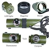 Finlon 7-in-1 Multifunctional Survival Whistle Military Camping Emergency Kit with ompass Thermometer Flashlight Magnifier- Perfect For Hiking Camping Climbing Hunting Outdoor Sports