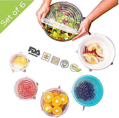 Silicone Stretch Lids,Conatiner Cover,Reusable Smart Seal BPA FDA Approved for Furit,Jar, Bowl,Food,Can,Platters,Oven,Freezer Safe,Heat and Shatter-resistant,6 Pack of Various Sizes