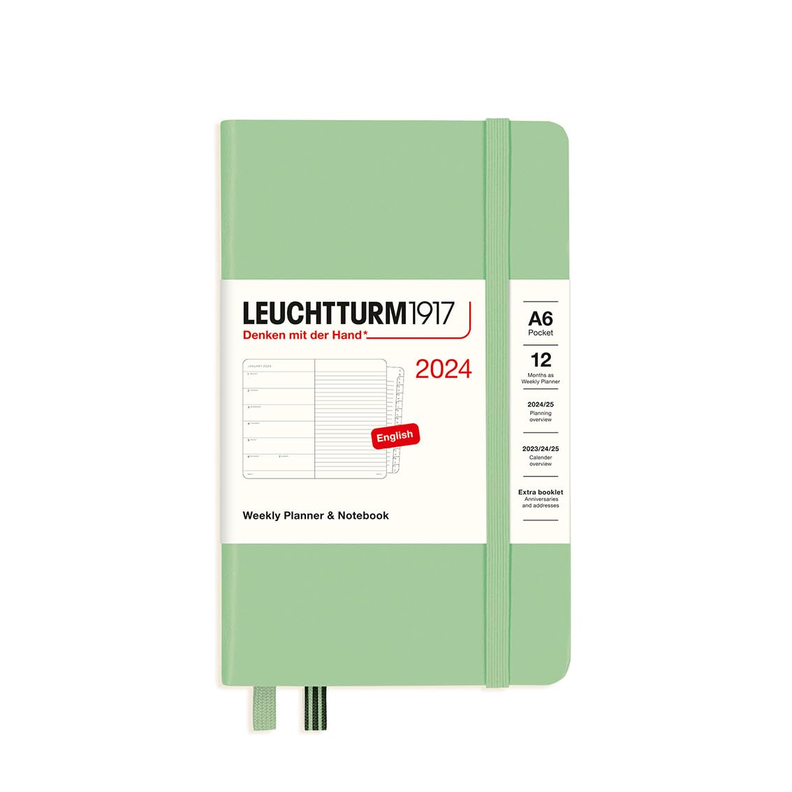 LEUCHTTURM1917 367743 Weekly Calendar & Notebook Pocket (A6) 2024, 12 Months, Sage, English