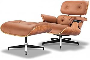 ASUKALE Top Grain Leather, Mid Century Chaise Lounge Chair and Ottoman, Reading Chair, Leather Accent Chair, Modern Chair, Classic Design, Heavy Duty Base Support for Living Room Lounge Office, Walnut-Brown