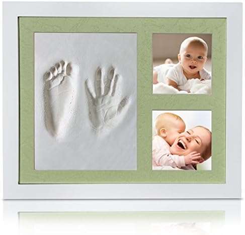Veahma Baby Quality Clay Imprint Kit! White Wood Picture Frame|(LT GREEN) Mat|Non-Toxic Clay|Hand/Foot Print Kit|Baby Shower Gift for New Born Baby, Boy, Girl, Pet, Parents! NEWEST NO MOLD VERSION!