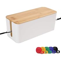 PowerKing Cable Management Box Set (2 Sizes) – Bamboo Lid Wire Organizer For Desk, TV & Computer, Hides Power Strips & Cords, Includes 10 Cable Ties (Luxury Black)