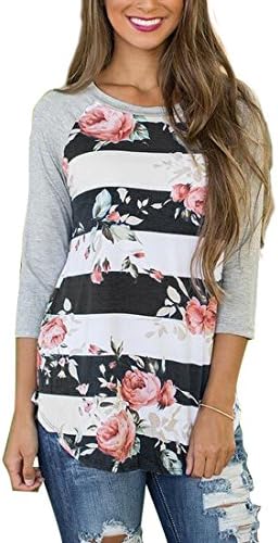 Womens Plus Size Tops and Blouses - 2017 Fashion Women's Casual Floral Printed Striped 3/4 Sleeve T-Shirts ((US Size 14-16) X-Large, Black)