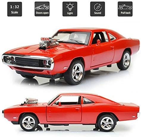 Flick in Red 1:32 Dodge Charger Model Die Cast Metal Car Fast and Furious Luxury Pull Back Car Toy with Light and Sound Effects