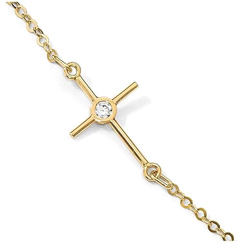 Leslie' 14k Yellow Gold Polished Cubic Zirconia Cross Anklet