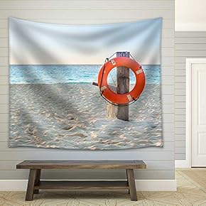 Life Preserver on Sandy Beach Somewhere in Mexico - Fabric Wall Tapestry Home Decor - 51x60 inches