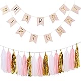 Wisehands Garlands Pack with 15 Tissues Papers Tassels Garland with 3 Mixed Colors (White + Pink+ Gold) and Happy Birthday Bunting Banner, Pink with Gold Letters