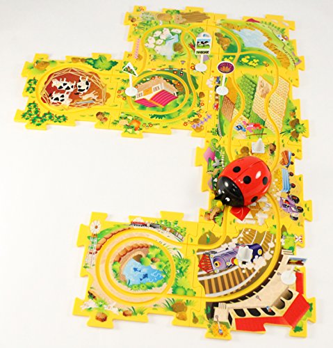 Puzzle Track Play Set - Battery-Operated Toy Vehicle & Floor Puzzle Play Mat - 16 Pc Sets - Lady Bug Themed Vehicle - Interchangeable Tracks - Create Up To 50 Combinations - by Ideas In Life