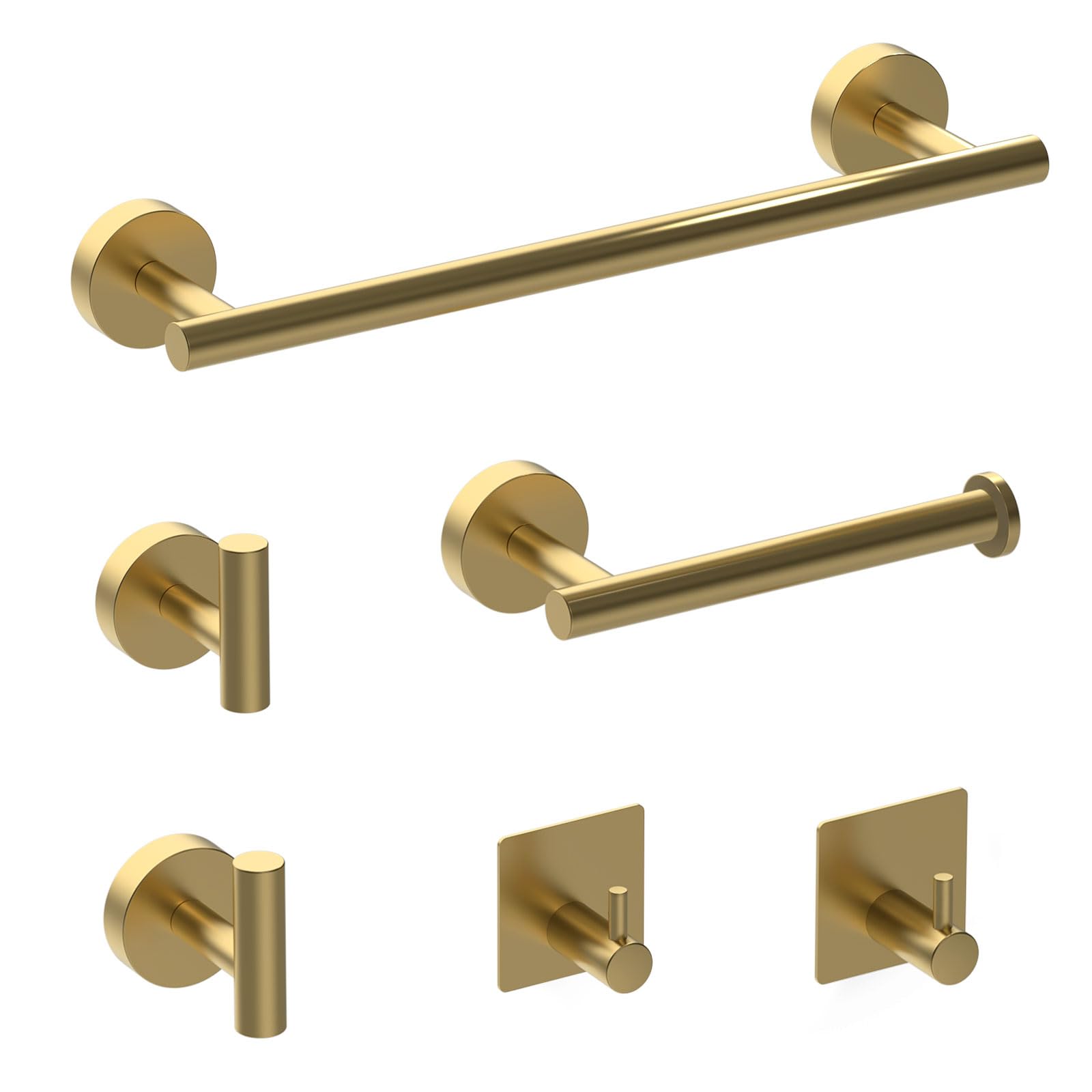 Gold Bathroom Accessories Set 6-Piece, Towel Rail Bathroom Hardware Set 40CM Towel Rail, Toilet Paper Holder, 2 Wall Hooks, 2 Robe Hooks 304 Stainless Steel Screw-Fixed Wall Mounted