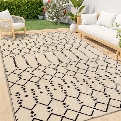 Homaxy Outdoor Rug Weatherproof 120 x 180 cm, Both Sides Usable, Waterproof, Bohemian Carpet for Patio, Garden, Balcony, Camping, Picnic, Beige