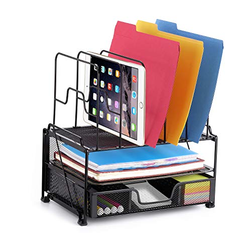 Simple Trending 2-Tray Mesh Desk File Organizer with Drawer Organizer and 6 Removable File Sorter, Office Document Letter Tray Folder Holder for Desk Organizers and Accessories, Black