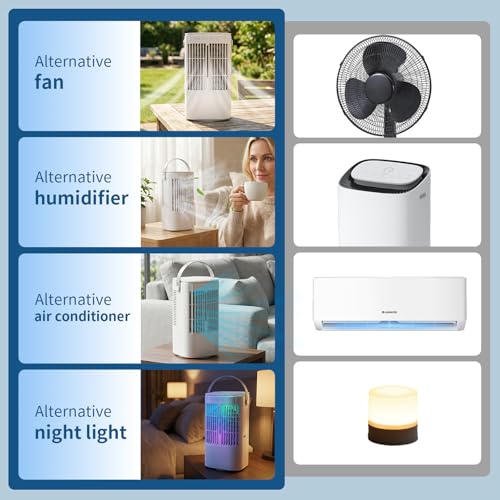 Portable Air Conditioner,1000ML Air Conditioning with Quiet Cool Mist, 7-Color Night Light, 120° Oscillation & Timer, for Bedroom, Car, Office