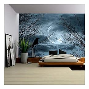 Halloween Background with Spooky Forest and Full Moon - Removable Wall Mural | Self-Adhesive Large Wallpaper - 100x144 inches