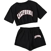 SHENHE Girl's Short Sleeve Letter Graphic 2Pcs Crop Top and Track Shorts Set