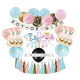 Gender Reveal Party Supplies (75 pieces) with Photo Props, 36 Inch Reveal Balloon and Sash - Premium Baby Shower Decorations Set - Confetti Balloons, Boy or Girl Banner, Paper Lanterns and Pom Poms