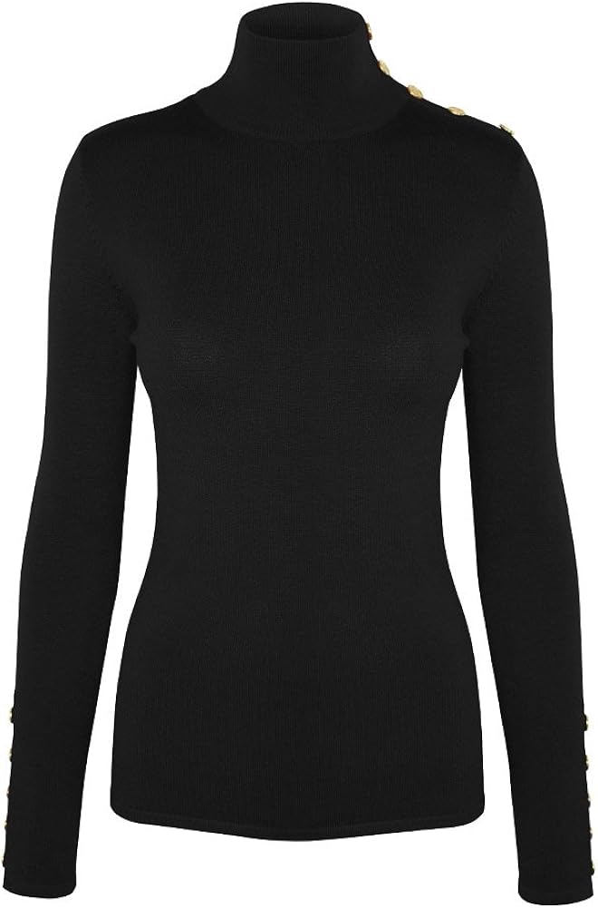 black polo neck jumper with gold buttons