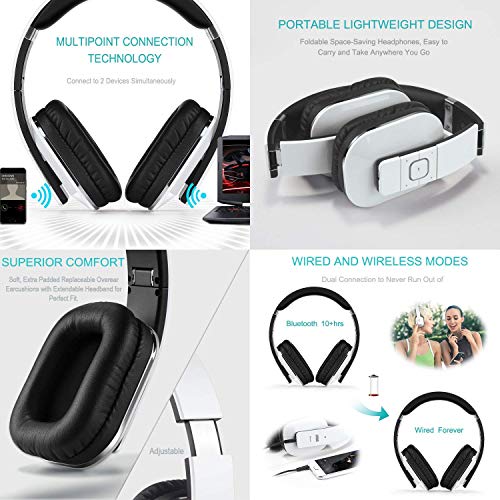 August EP650 Bluetooth Over Ear Wireless Stereo NFC 3.5mm Headphones with Rechargeable Battery, Audio In Socket, Multipoint and Built-in Microphone for Mobile Phones, iPhone, iPad, Laptops, Tablets, Smartphones - White