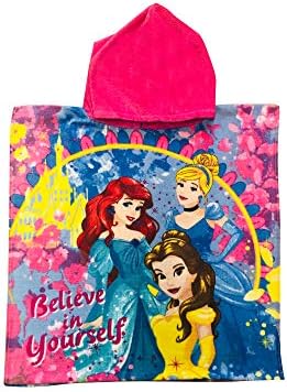 KOMARKIDS Princess Ariel, Cinderella and Belle Believe in Yourself Pink and Blue Flowered Hooded Poncho Towel