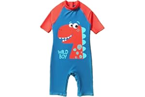 Julysand One Piece Swimsuit for Boys Rashguard Swimwear Blue Cartoon Dinosaur Modest Short Sleeve Zipper Bathing Suit