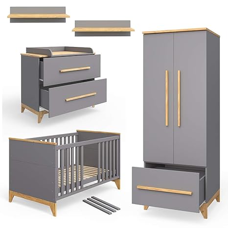 Vicco Babymöbel Set Malia in Naturholz Kinderbett Babybett Umbaubett Kleiderschrank Wickelkommode Wandregal (Anthrazit, Erle)