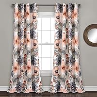 Lush Decor Leah Floral Darkening Coral and Gray Window Panel Curtain Set for Living, Dining Room, Bedroom (Pair), 84" L