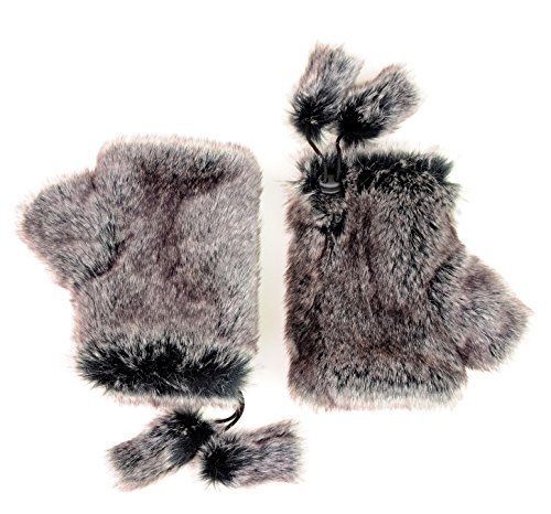 Futrzane Winter Gloves Mittens Faux Rabbit Fur Fingerless For Women Girls (Grey)