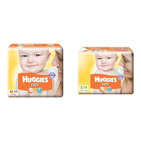 Huggies New Dry Diapers, Medium (Pack of 60) & Huggies New Dry Diapers, Small (Pack of 36)