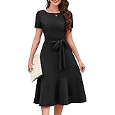 Bbonlinedress Womens Short Sleeve Wedding Guest Dresses Cocktail Vintage Party Church Formal A-Line Midi Dress with Belt