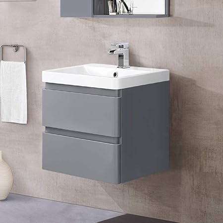 Nrg 600mm Gloss Grey Modern Bathroom Wall Hung Vanity Basin Sink Unit Storage Cabinet 2 Drawer Amazon Co Uk Kitchen Home