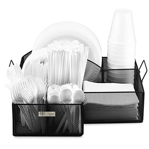 Eltow Plate and Cutlery Organizer with Handles: Large Kitchen Spoon, Fork, Knives and Cups Holder - Sturdy Bowl, Napkin and Tableware Dispenser - Home, Restaurant, BBQ and Picnic Plate Organizer Caddy