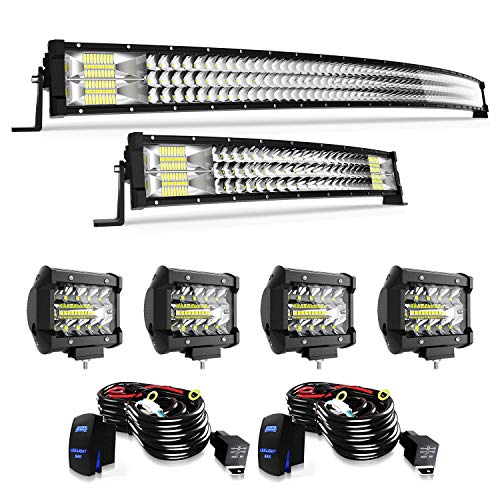 T-Former 52Inch 711W Curved LED Light Bar+ 22Inch 306W Curved Light Bar Spot Flood Combo Off Road Lights + 4Pcs 4in 60W Driving Fog Lights W/Wiring Harness Kit For Jeep Trucks Boat Lighting