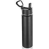 Volhoply 24 Ounce Insulated Water Bottle With Straw Lid,Stainless Steel Wide Mouth Sport Bottles With Handle,Double Wall Vacuum Cups Keep Cold,Reusable Travel Thermal Cups For Holder,Gym(Black,1)