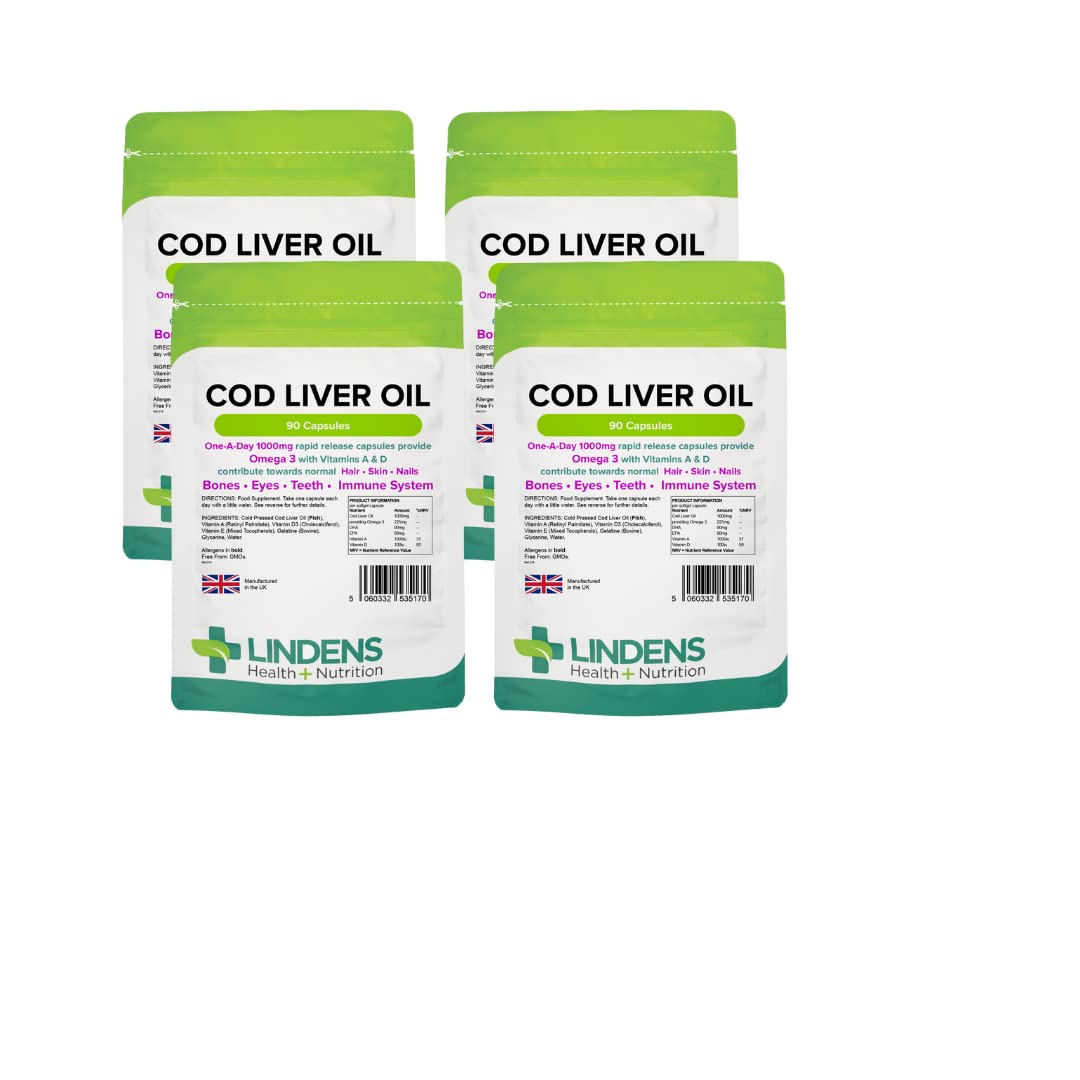 Lindens - Cod Liver Oil 1000mg, 360 Capsules, One a Day - UK Made - Omega 3, Vitamins A & D - Skin, Hair, Nails, Bones, Eyes, Teeth, Brain & Immune System