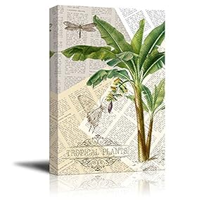 Wll Art Tropical Plants on Vintage Newspaper Background and Stretched