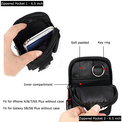 Multipurpose Vertical Tactical Molle Cell Phone Holster EDC Pouch Utility Smartphone Pouch Belt Clip Bag Belt Pouches for Men with Belt Loop Carabiner Hook for iPhone X/8/7/6s plus Samsung S8 S9 Plus