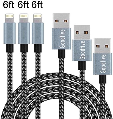 Goodfive iPhone Charger 3Pack 6FT Extra Long Nylon Braided 8Pin Lightning to USB Cable Cord Charger Compatible with iPhone 7 7 Plus 6 6s 6 plus 6s plus, iPhone 5 5s 5c,iPad, iPod and More(Black Gray)