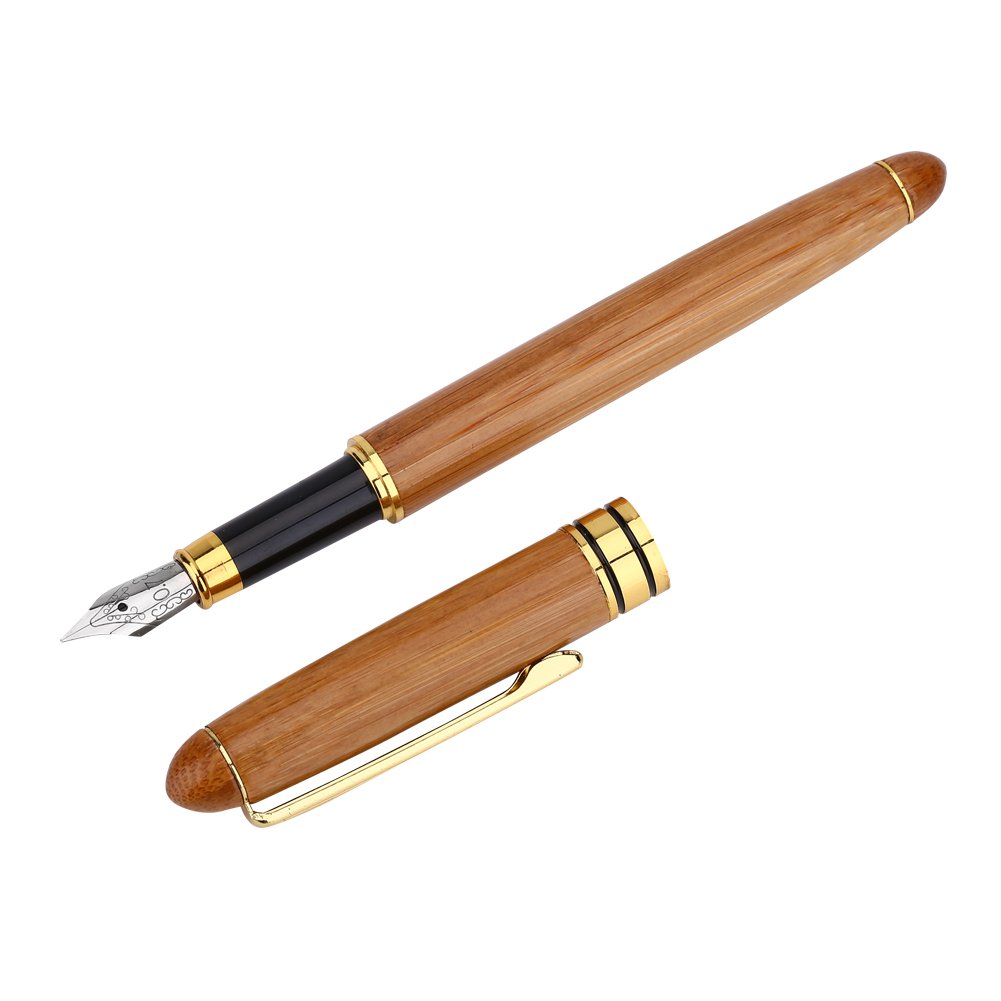 Bewinner 1pc 5 Size Nib Calligraphy Art Fountain Pen, Broad Stub Chisel-pointed Nib with Bamboo Plywood Handle & Piston-style Ink Reservoir for Writing Gothic, Italic, Arabic, etc.(0.7mm)