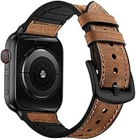 OUHENG Compatible with Apple Watch Band 38mm 42mm 40mm 44mm, Sweatproof Genuine Leather and Rubber Hybrid Band Strap...