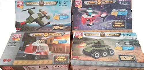 Toy vehicles Bundle of 4 building blocks for helicopters, cars, fire trucks