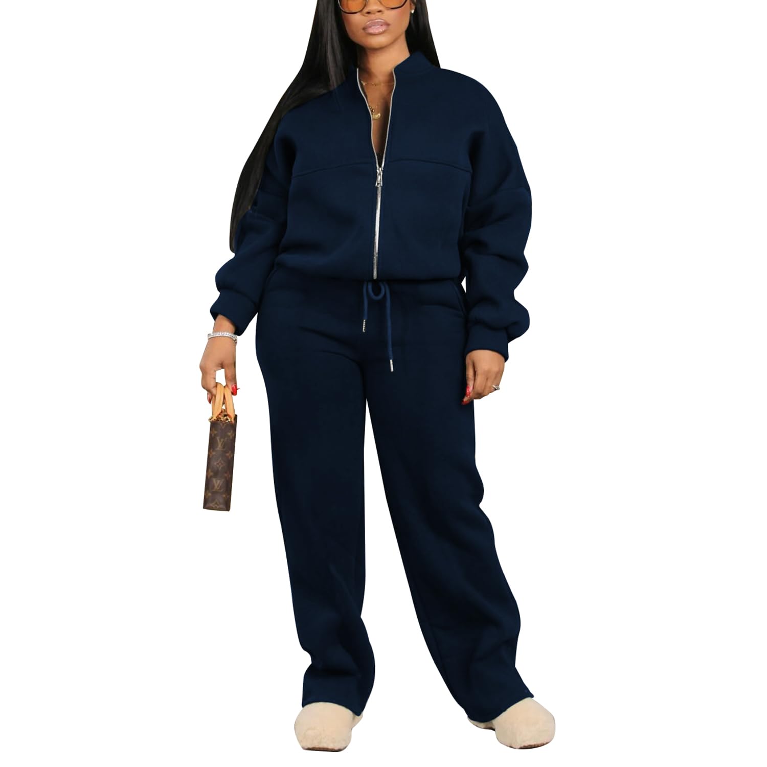 Photo 1 of PINSV Women's 2 Piece Outfits Sweatsuits Full Zip Sweatshirts Wide Leg Sweatpant Set Tracksuit Navy Blue L