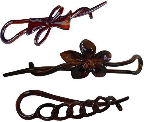 Parcelona French Twist N Clip (Set of 3) Flower, Bow and Chain Celluloid Hair Clip Barrette