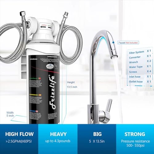 Frizzlife Under Sink Water Filter System-High Capacity Direct Connect Under Counter Drinking Water Filtration System-0.5 Micron Quick Change Removes 99.99% Lead, Chlorine, Bad Taste & Odour