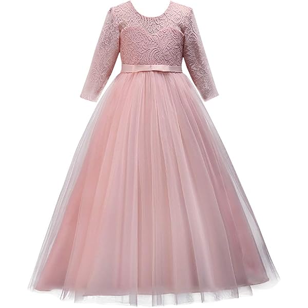 Abaowedding Girls' First Communion Dress – Long Sleeve Pink Prom Gown, Handmade Lace & Tulle (Size 12)