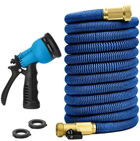 Glayko 75 Feet Expandable Garden Hose - NEW 2017 Super Strong Construction - Strong Webbing -Solid Brass End + 8 Function Spray Nozzle and Shut-off Valve,