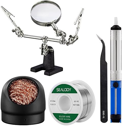 Tip Cleaner,Flexible Helping Hand Magnifier Glass Stand,Desoldering Pump, Solder Sucker, Solder Wire, Anti-Static Tweezer