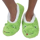 Snoozies Womens Animal Heads Sherpa Plush Fleece Lined Slipper Socks - Frog, Medium