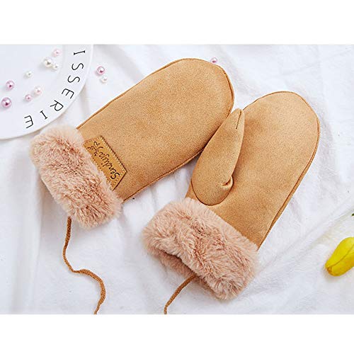Women's Faux Leather Sherpa Lined Fur Cuff Winter Gloves,Mittens Warm with Neck Long Rope Windproof Mittens - Thumbnail 2