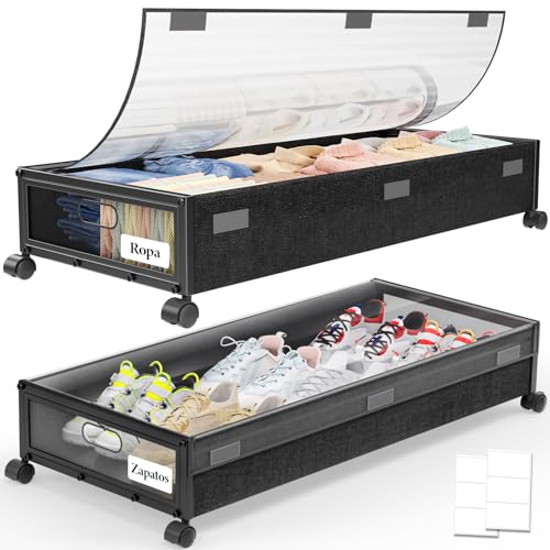 2Pcs Zapatera Bajo Cama con Ruedas, Caja de almacenamiento debajo de la cama con Asas Metálica y Tapa transparente, Organizador de Almacenamiento de Gran capacidad para guardar ropa、zapatos、edredones
